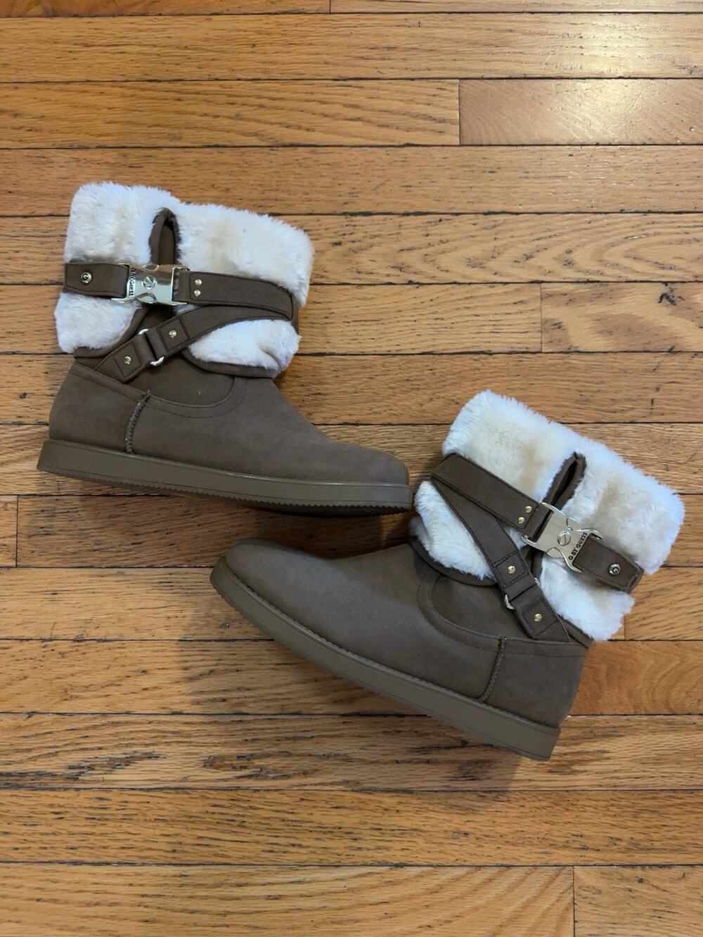 GUESS Womens Size 9M Brown Faux Suede Faux Fur Harness Winter Ankle Boots